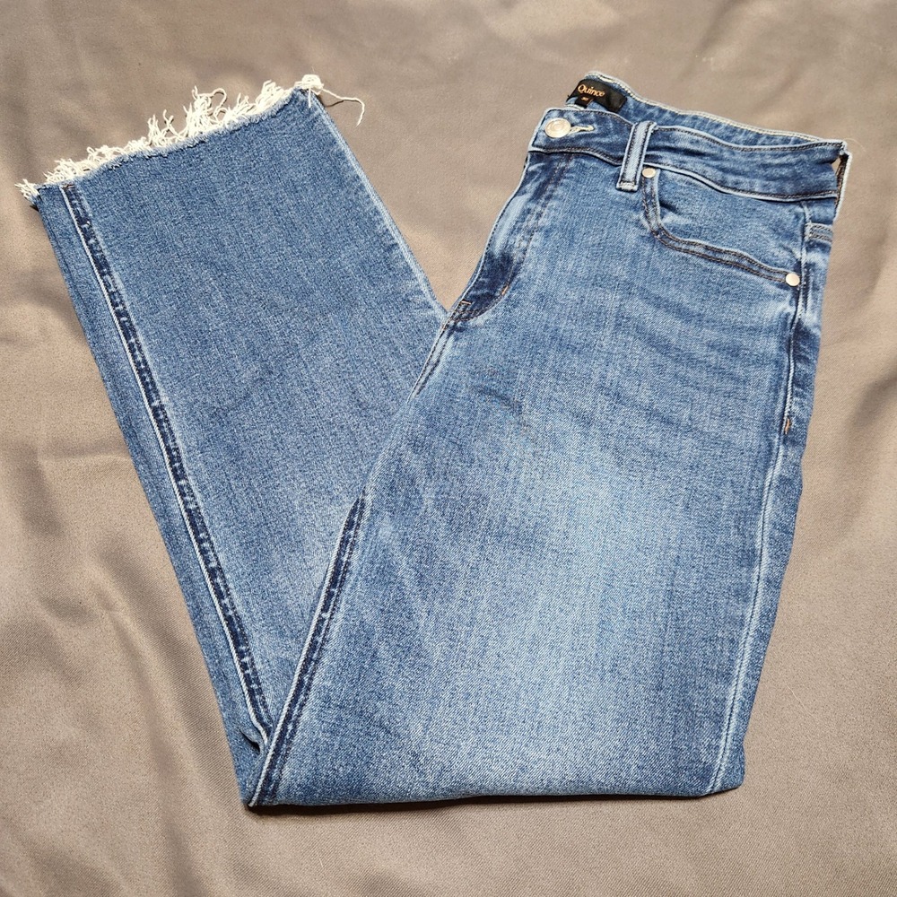 Quince Womens High Rise Straight Leg Jeans Medium Wash Raw Hem Blue Size 30